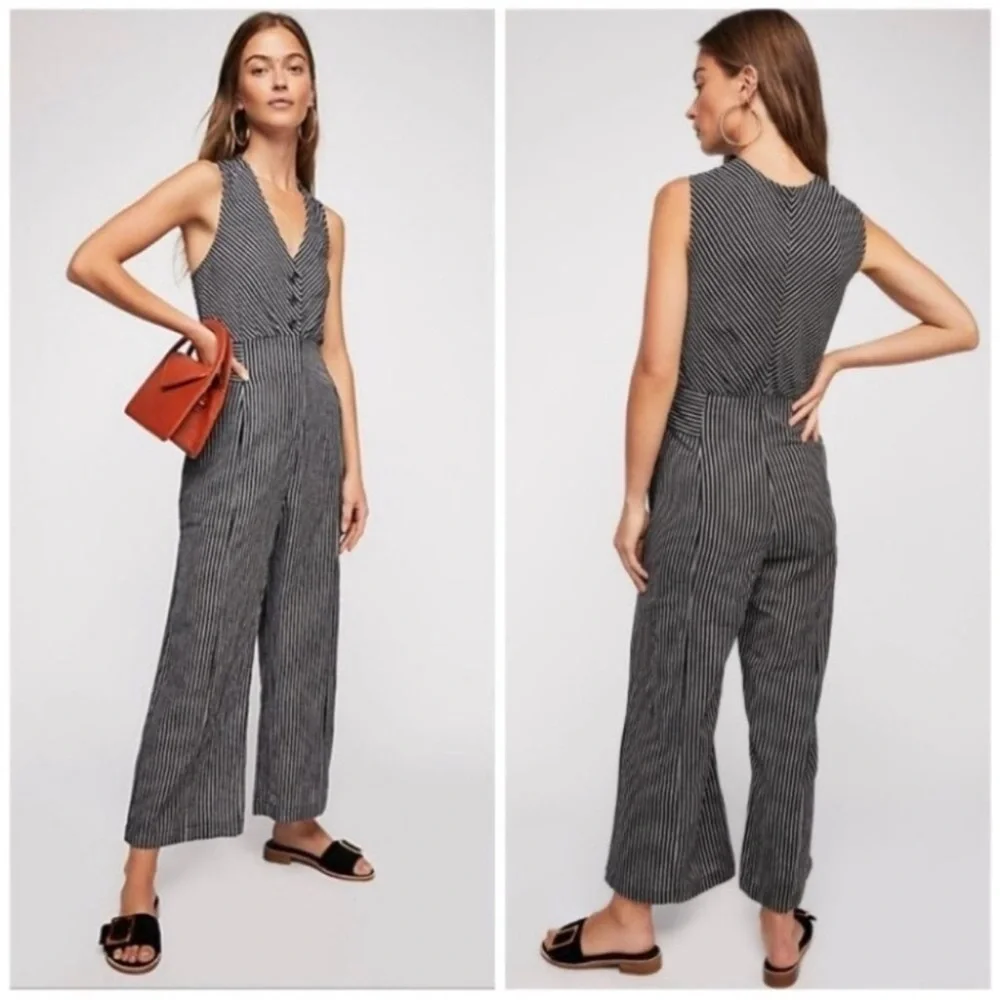 Free People The Liberty Jumpsuits Wide Leg Cotton Black White Striped Size 0